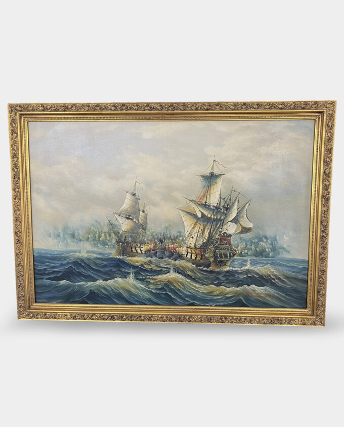 Large Oil Painting Sailing Ships Naval Battle on the Sea with Golden Frame