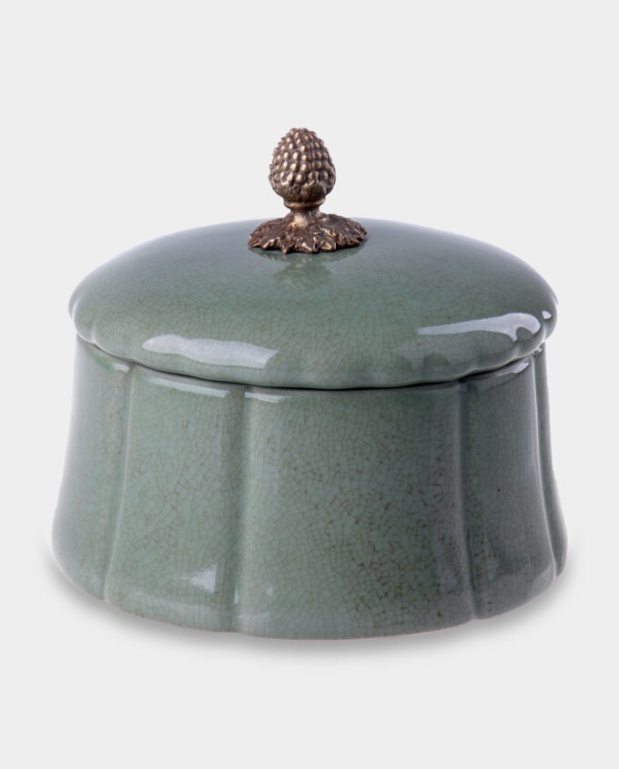 Green Porcelain Sugar Bowl with a Bronze Handle