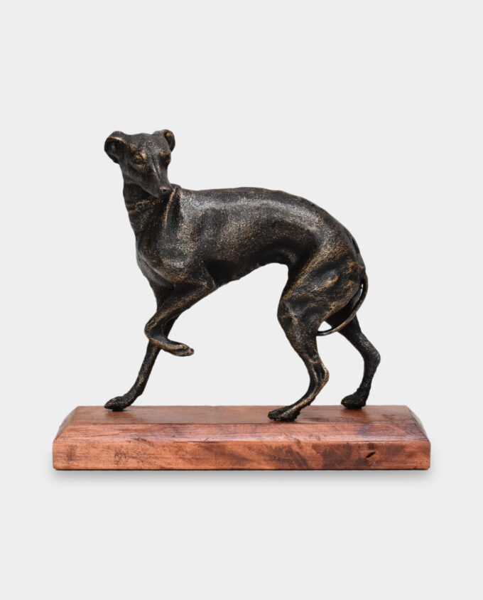 Polish Greyhound Cast Iron Sculpture on a Wooden Base