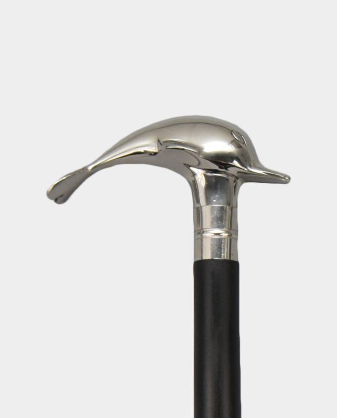 Wooden Walking Stick with a Dolphin Black and Silver