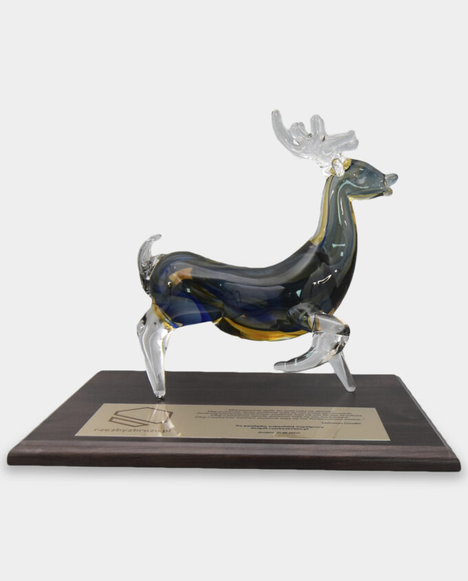 Glass Figurine Murano Style Deer on a Wooden Board with Gift for the Forester
