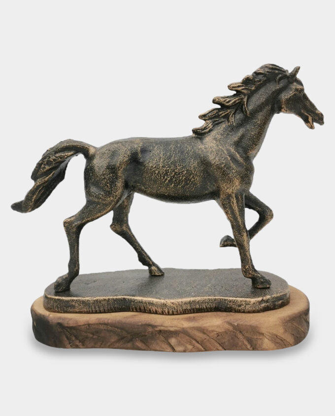 Horse at Gallop Cast Iron Figurine on Wood Base