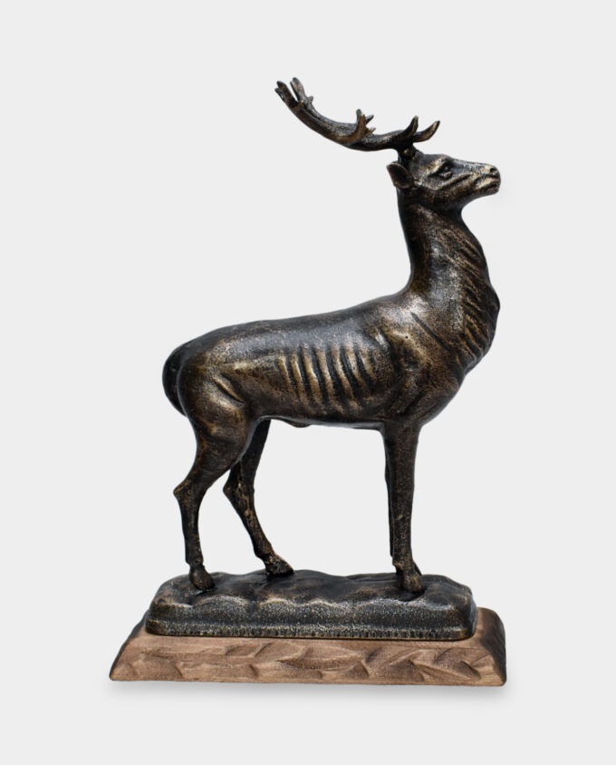 Deer Cast Iron Sculpture on Wooden Base