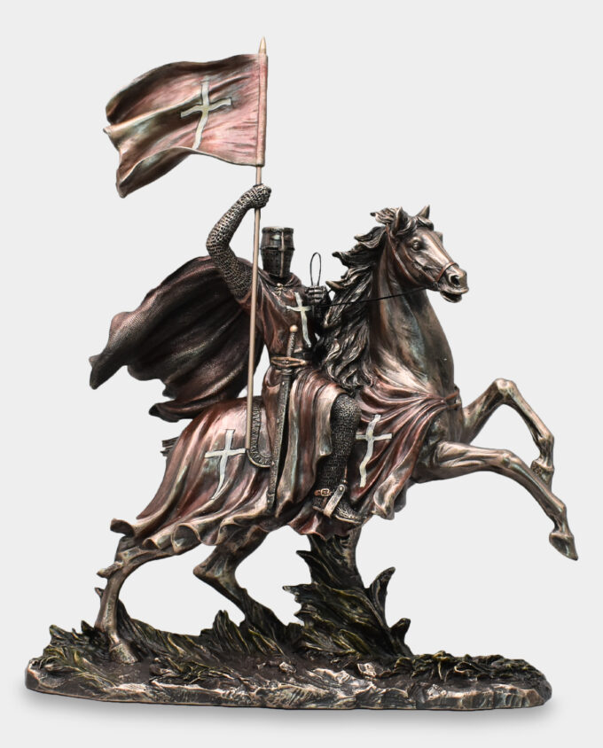 Crusader Knight with Banner on Horse Sculpture