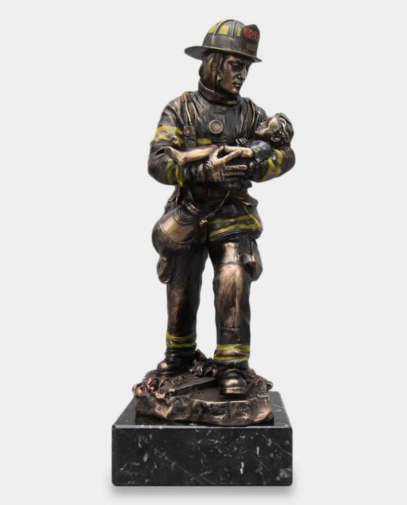 Firefighter and Child Sculpture on a Stone Base with an Engraving Gift for a Fireman