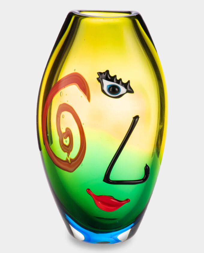 Glass Vase Murano Style Female Face Green and Yellow
