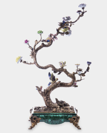 Large Candlestick Flowering Tree with Birds in Bronze and Porcelain