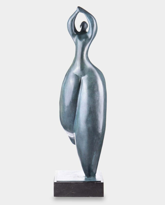 Woman with Raised Hands Modernist Patinated Bronze Sculpture