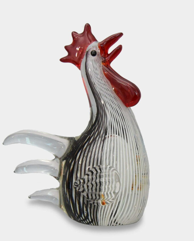Glass Figure Murano Style Rooster Black and White