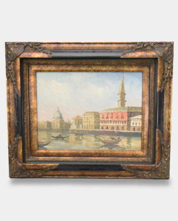 Golden-Framed Oil Painting Venetian Gondolas, Church, and City