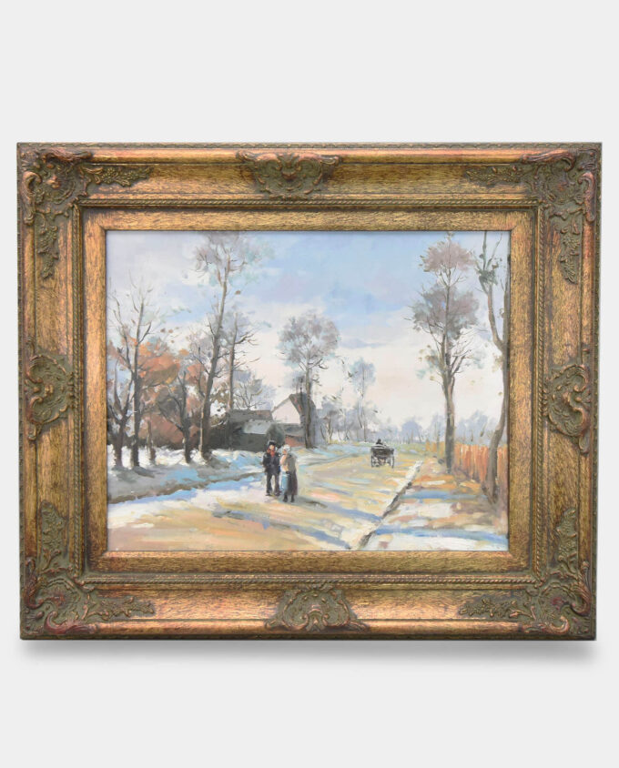 Golden-Framed Oil Painting Village During Winter