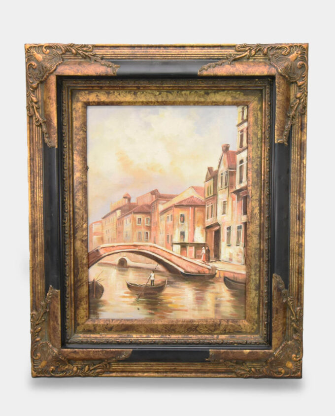 Golden-Framed Oil Painting A Bridge in the City of Canals in Venice