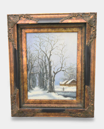 Golden-Framed Oil Painting Winter Cabin in the Woods