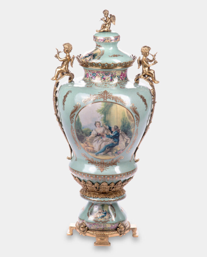 Bronze mounted Porcelain Vase with Lid and Angels Figurines