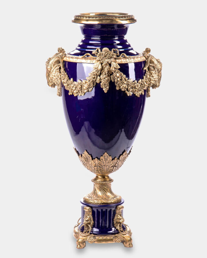 Large Bronze mounted Porcelain Vase with Garlands Navy