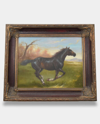 Black and Gold Framed Oil Painting Galloping Black Horse