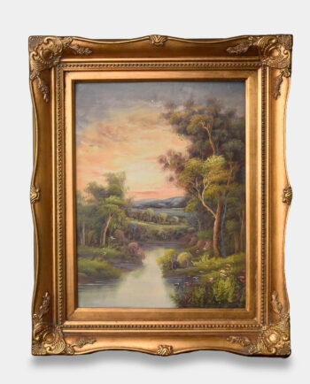Golden-Framed Oil Painting River Flowing Through the Forest