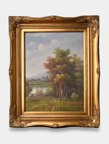 Golden-Framed Oil Painting Forest by the Lake