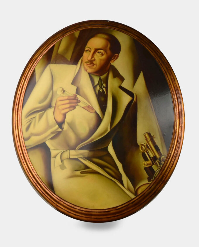 Oil Painting Scientist with Vial and Microscope Art Deco