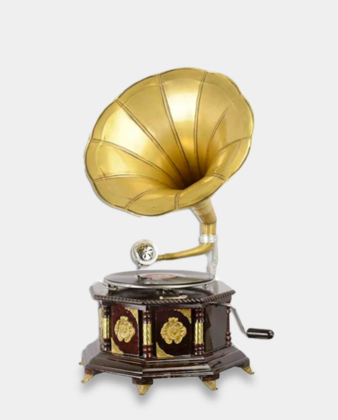 Decorative Gramophone in Retro Style on a Hexagonal Wooden Base