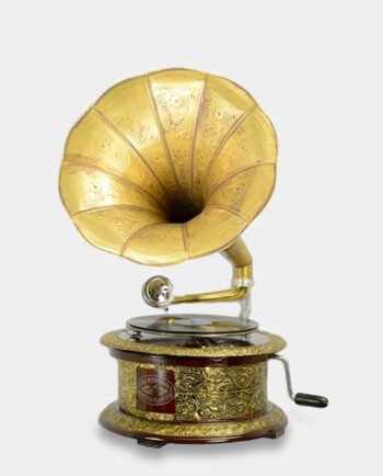 Decorative Record Player in Retro Style on a Round Gold-Plated Base