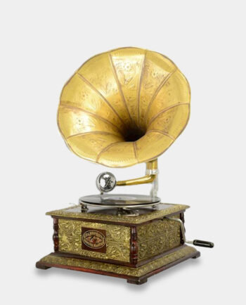Decorative Record Player in Retro Style on a Square Gold-Plated Base