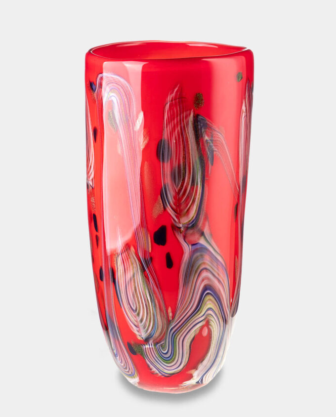 Red Murano Style Vase with Colorful Elements