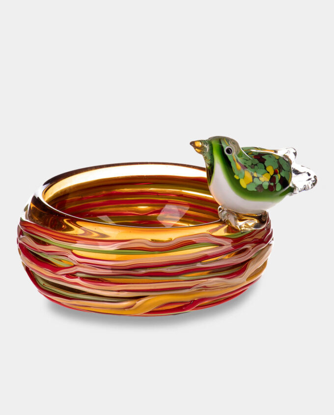 Murano Style Glass Bowl in the Shape of a Nest with a Bird