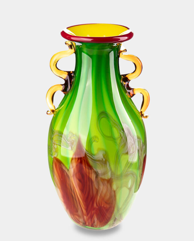 Colorful Vase in Murano Style, Green with Decorative Red Elements