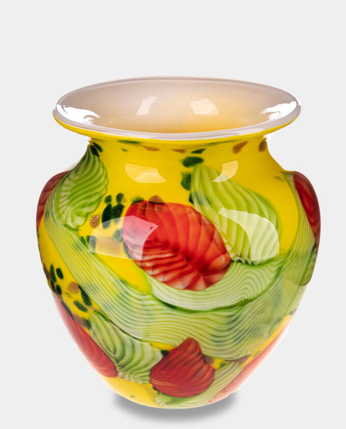 Yellow Murano Style Round Vase with Decorative Elements