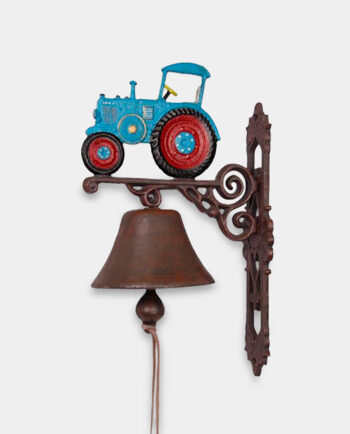 Klasyczny Szkolny Dzwonek Ręczny Zdobiony Żeliwny z Niebieskim Traktorem