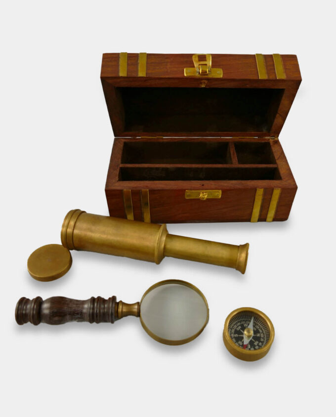 Zestaw Marynistyczny Lupa i Luneta z Kompasem w Eleganckim Drewnianym Pudełku
